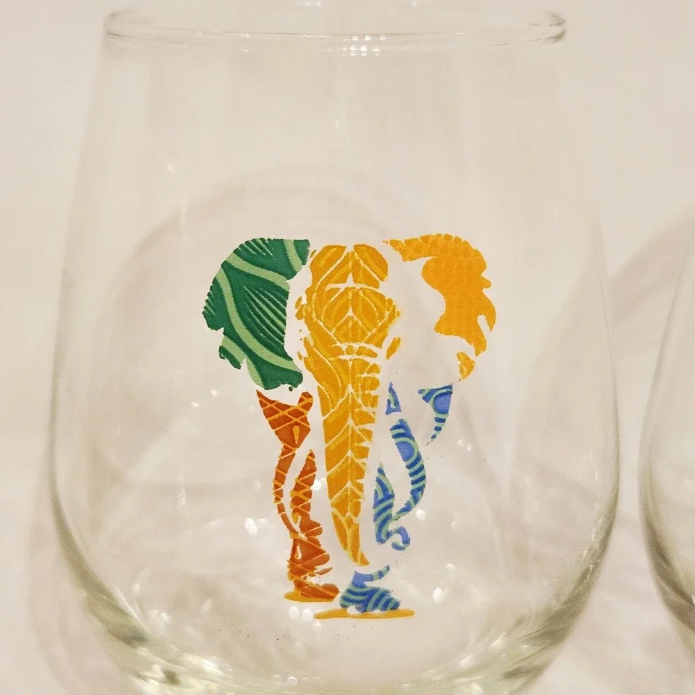 Set of 4 Stemless12 oz Wine Glass‎ Abstract Elephant Unique Barware 4